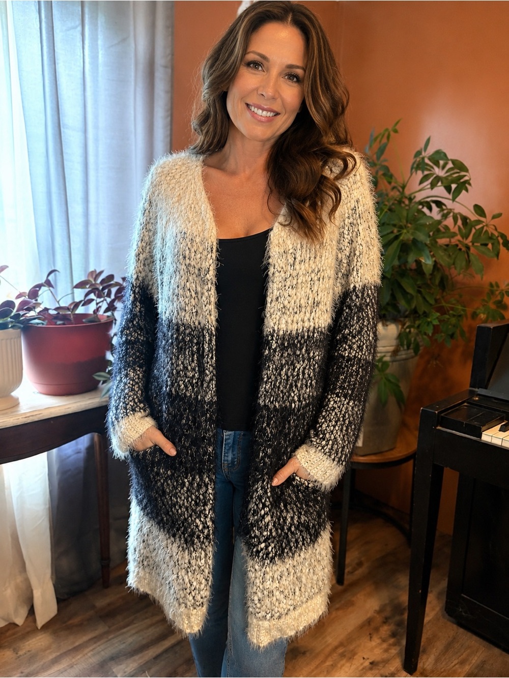 Carapace Fuzzy Eyelash Knit Longline Cardigan – Cream & Charcoal